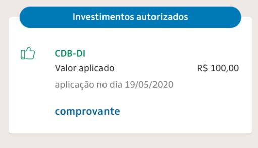 Tela de conclusão de aplicação de CDB do Itaú